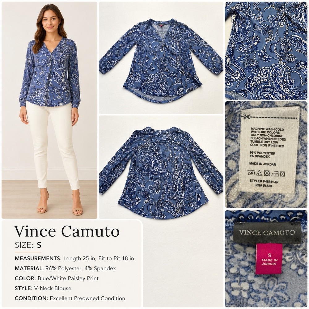 Vince Camuto Blue Paisley V Neck Long Sleeve Blouse Women's Small - Picture 2 of 7